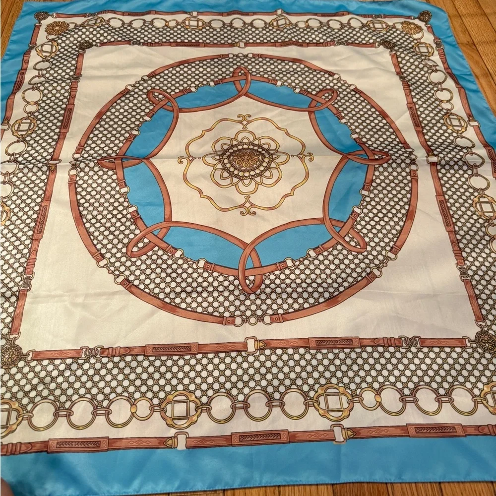 Elegant Blue and Brown Equestrian Patterned Scarf 34x34